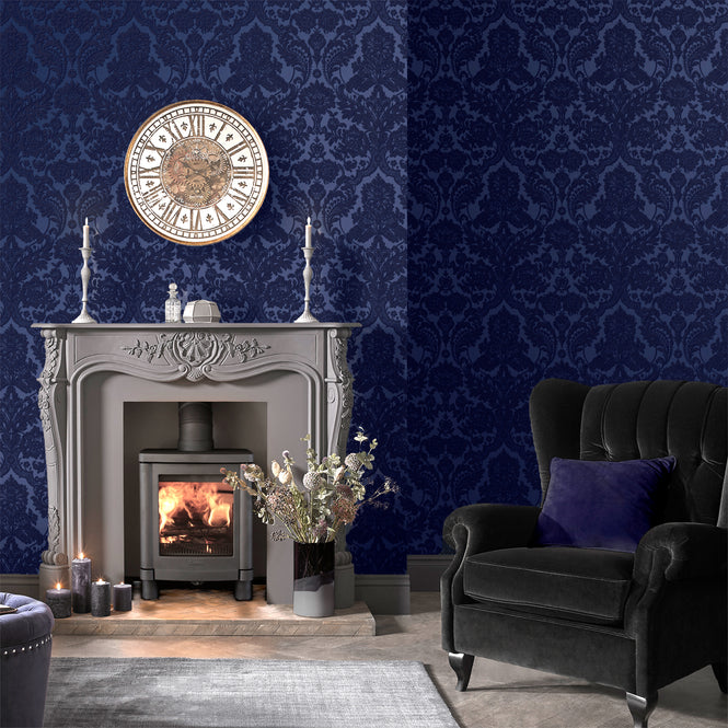 輸入壁紙 Graham & Brown / Gothic Damask Flock / Cobalt 104563