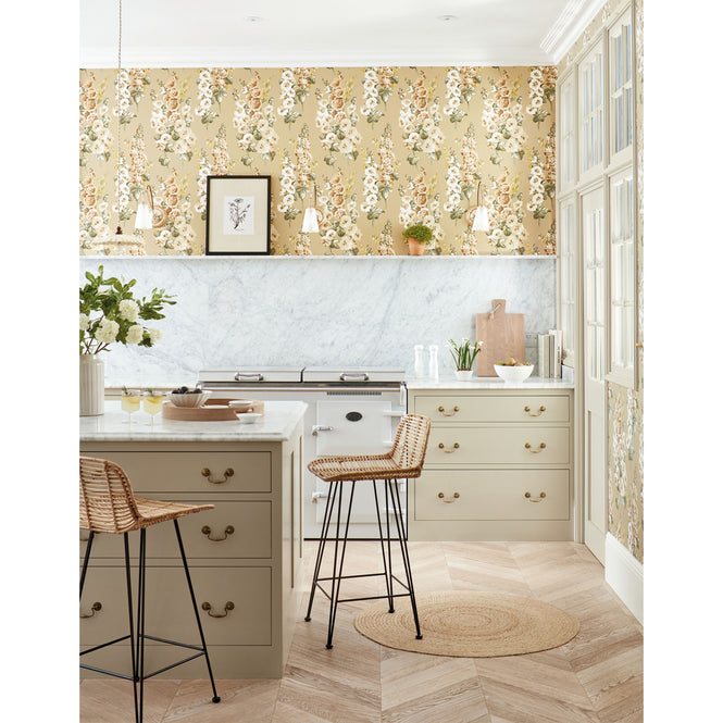 Sanderson / ONE SIXTY WALLPAPER COLLECTION / Hollyhocks Gold Metallic / Tan 217034