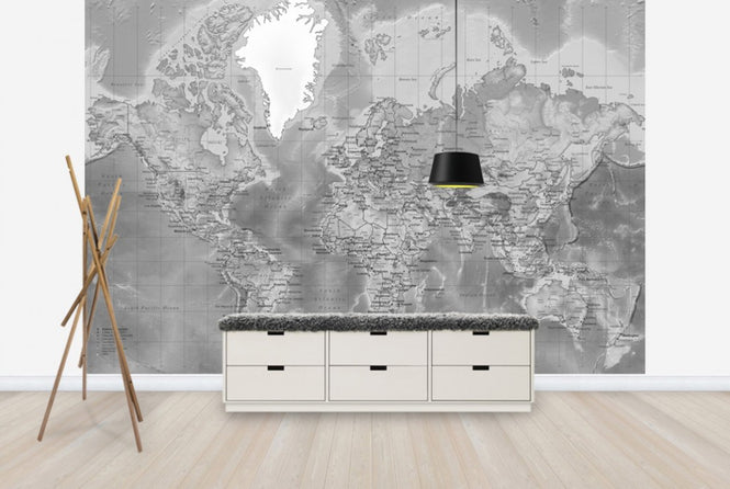 PHOTOWALL / World Map Detailed - Grey (e24436)