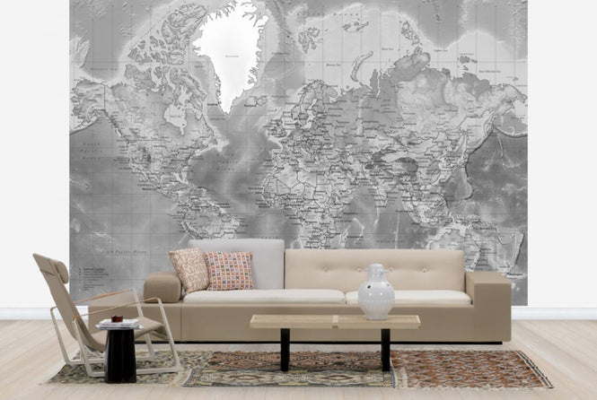 PHOTOWALL / World Map Detailed - Grey (e24436)