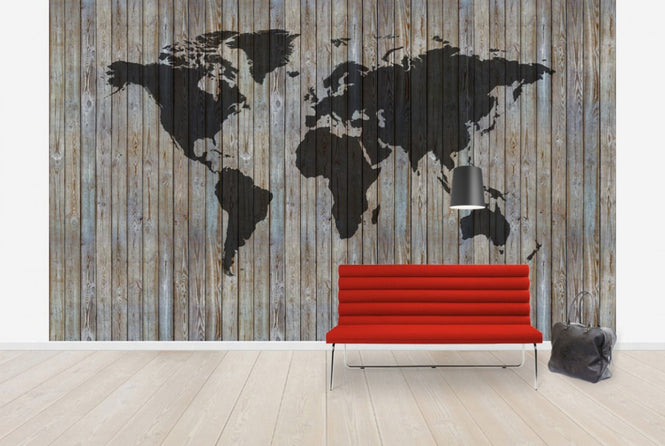 PHOTOWALL / World Map Wooden Plank - Old Silver (e40225)