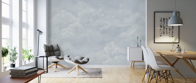 PHOTOWALL / Tender Clouds with White Swallows - Soft Blue (e320871)
